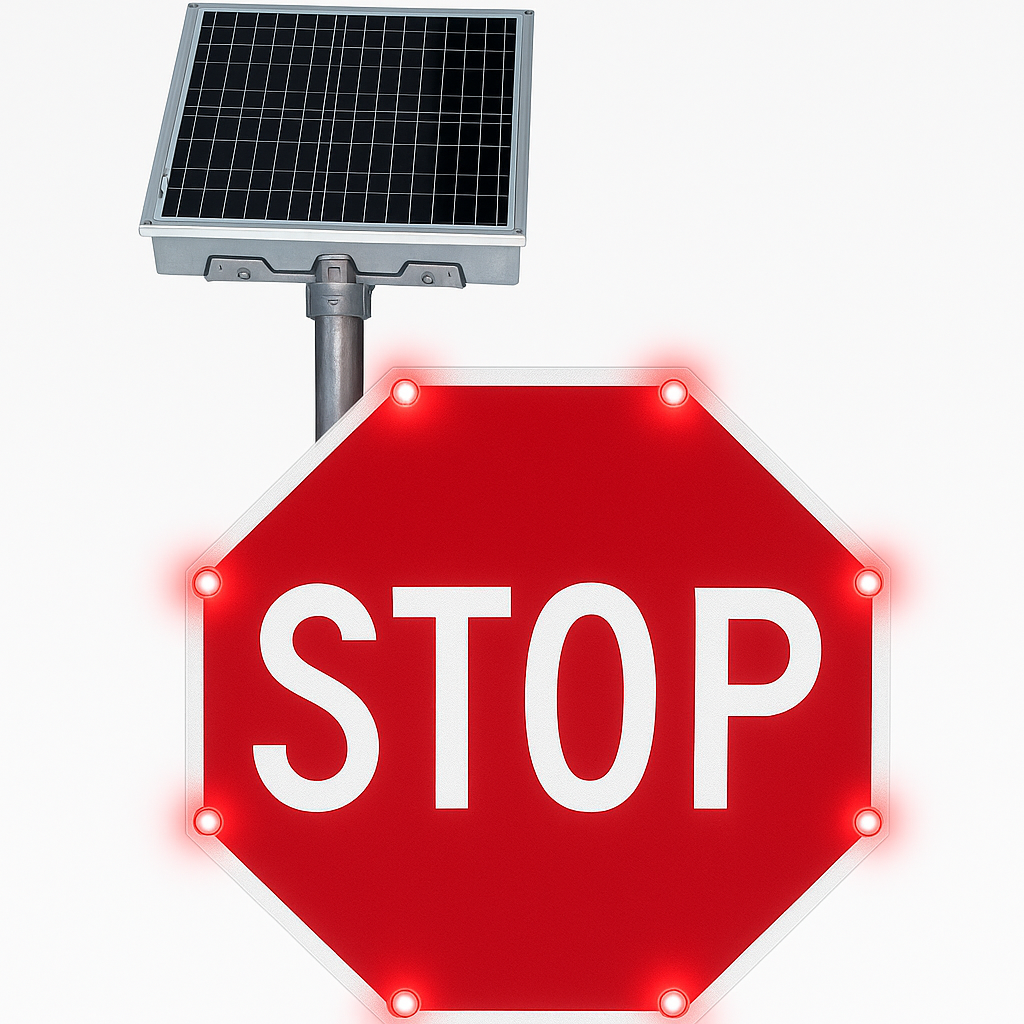 MUTCD-compliant solar LED flashing stop sign for enhanced roadway safety. High-visibility, energy-efficient, and built for long-term durability.