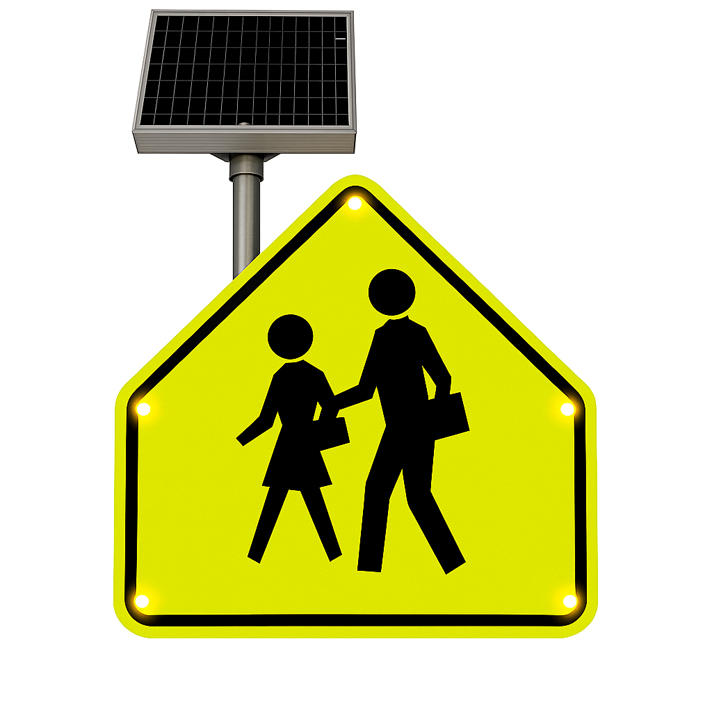 Solar-powered LED school zone sign (W16-7P) with bright amber flashing lights, 3M Diamond Grade sheeting, and left-mounted solar panel – MUTCD compliant.
