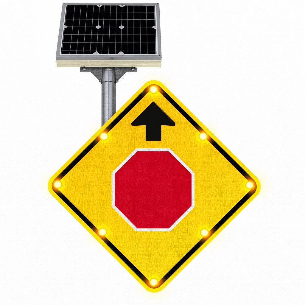 Flashing solar LED stop ahead warning sign W3-1 MUTCD