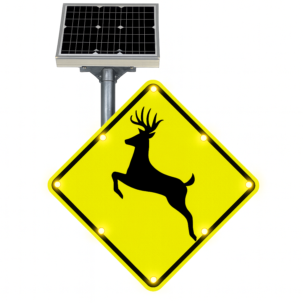 Yellow road sign with a black deer silhouette and solar panel on top, on a white background