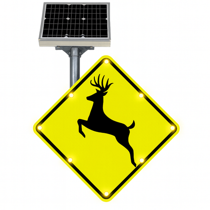 Yellow road sign with a black deer silhouette and solar panel on top, on a white background