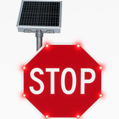 MUTCD-compliant solar LED flashing stop sign for enhanced roadway safety. High-visibility, energy-efficient, and built for long-term durability.
