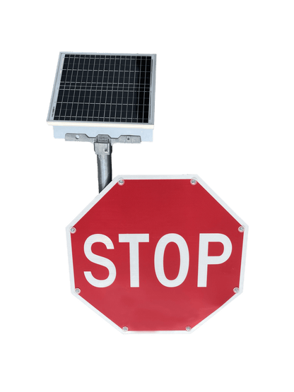 Flashing stop sign with LED lights, highlighting high-visibility and solar-powered functionality