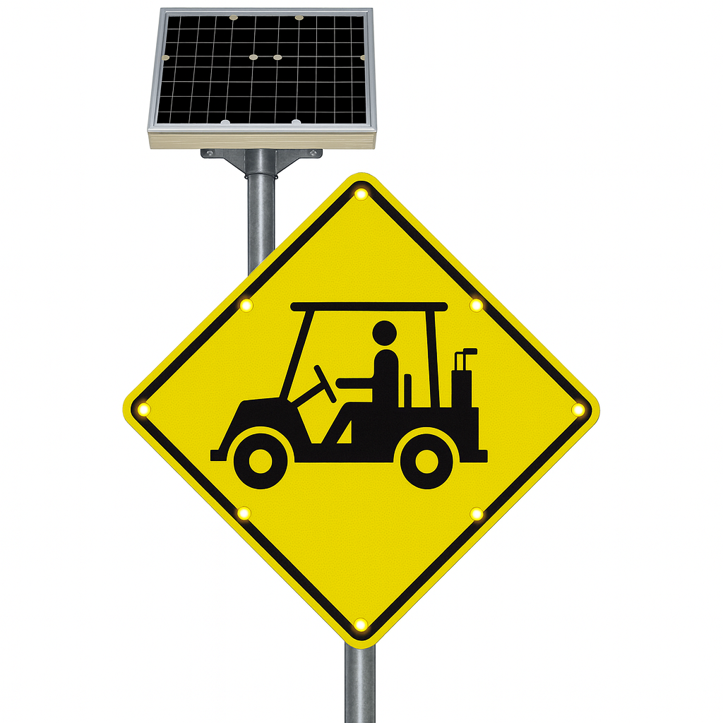 Yellow traffic sign with black icon of a person in a golf cart, mounted on a pole with a solar panel above.