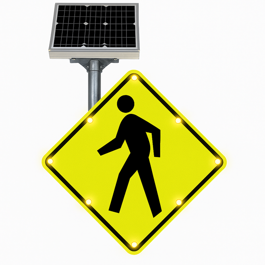 Solar-powered LED pedestrian crossing sign (W11-2) with 3M Diamond Grade sheeting, bright Cree LEDs, and solar panel on top – MUTCD compliant.