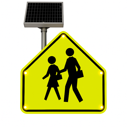 Solar-powered LED school zone sign (W16-7P) with bright amber flashing lights, 3M Diamond Grade sheeting, and left-mounted solar panel – MUTCD compliant.