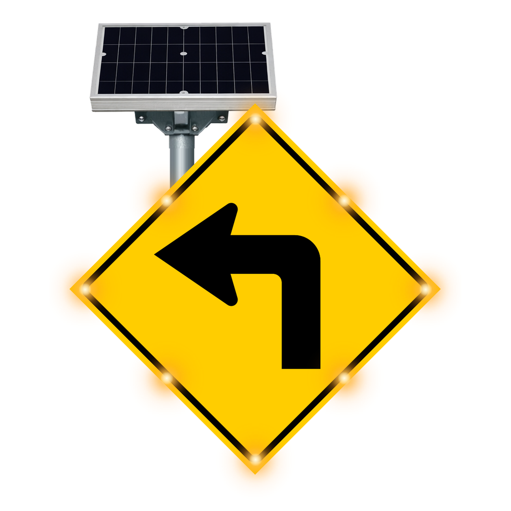 MUTCD W1-1 Turn warning sign, diamond-shaped, with solar panel and flashing LED border lights