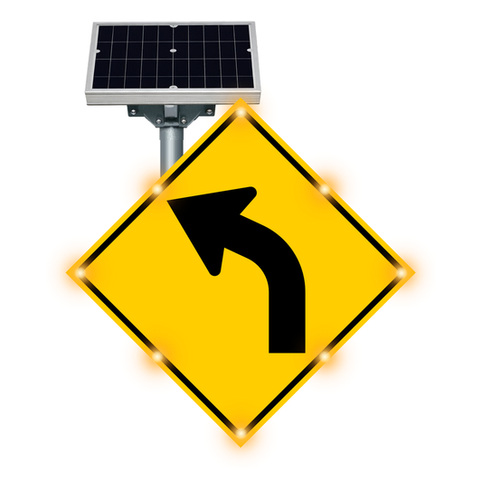 MUTCD W1-2 Curve warning sign, diamond-shaped, with solar panel and flashing LED border lights