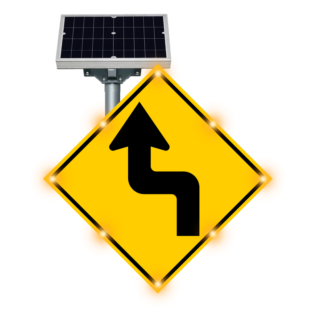 MUTCD W1-3 Reverse Turn warning sign, diamond-shaped, with solar panel and flashing LED border lights