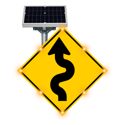 MUTCD W1-5 Winding Road warning sign, diamond-shaped, with solar panel and flashing LED border lights