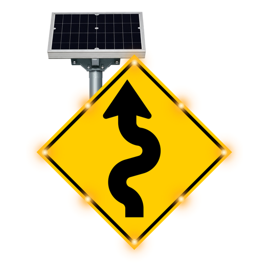 MUTCD W1-5 Winding Road warning sign, diamond-shaped, with solar panel and flashing LED border lights