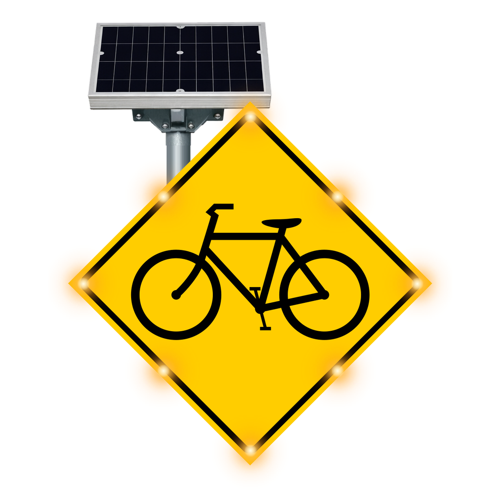 MUTCD W11-1 Bicycle warning sign, diamond-shaped, with solar panel and flashing LED border lights