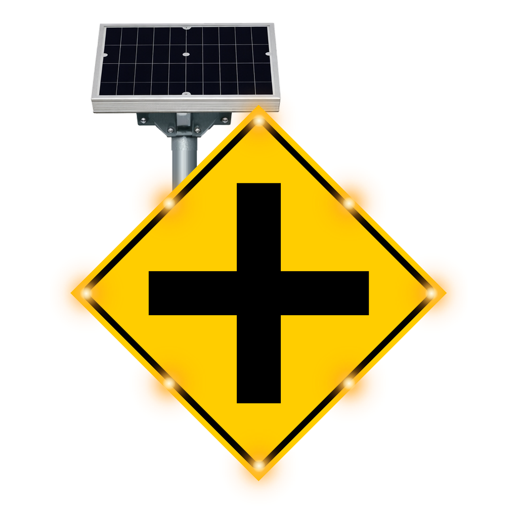 MUTCD W2-1 Crossroad warning sign, diamond-shaped, with solar panel and flashing LED border lights