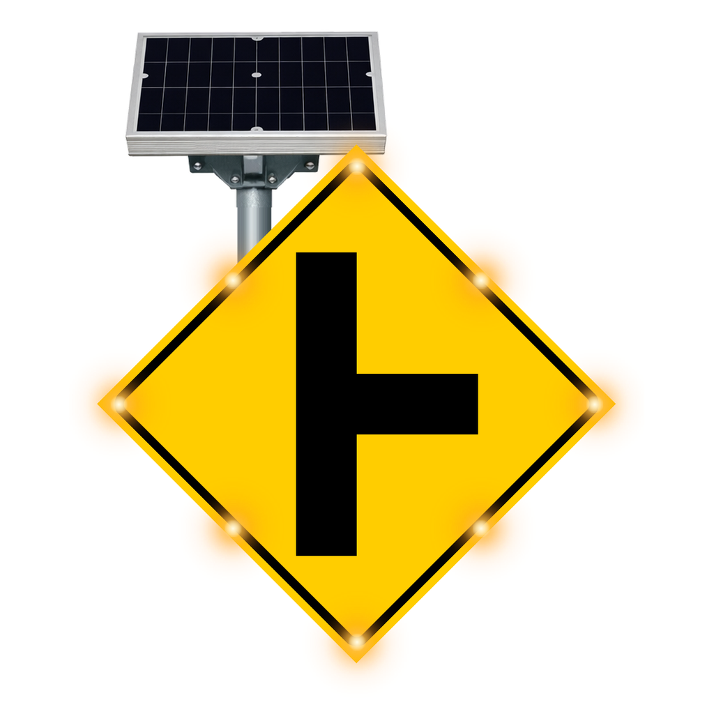 MUTCD W2-2 Side Road warning sign, diamond-shaped, with solar panel and flashing LED border lights