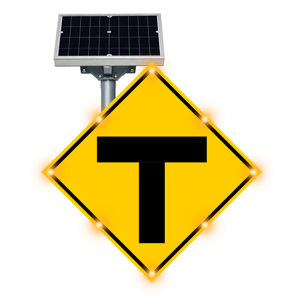 MUTCD W2-4 T-Intersection warning sign, diamond-shaped, with solar panel and flashing LED border lights