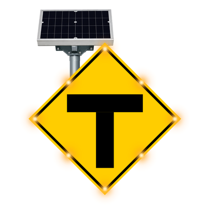 MUTCD W2-4 T-Intersection warning sign, diamond-shaped, with solar panel and flashing LED border lights