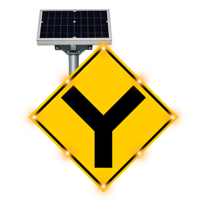 MUTCD W2-5 Y-Intersection warning sign, diamond-shaped, with solar panel and flashing LED border lights