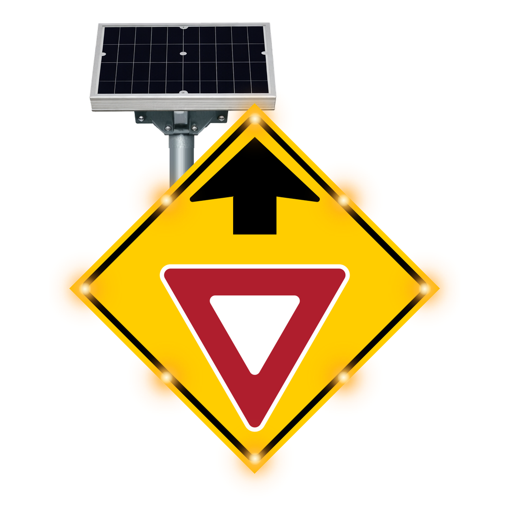 MUTCD W3-2 Yield Ahead warning sign, diamond-shaped, with solar panel and flashing LED border lights