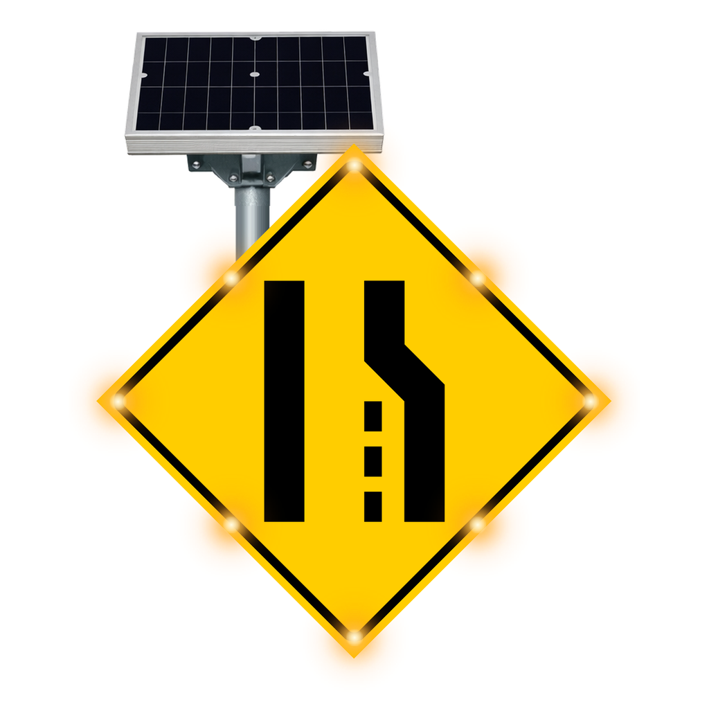 MUTCD W4-2 Lane Ends warning sign, diamond-shaped, with solar panel and flashing LED border lights