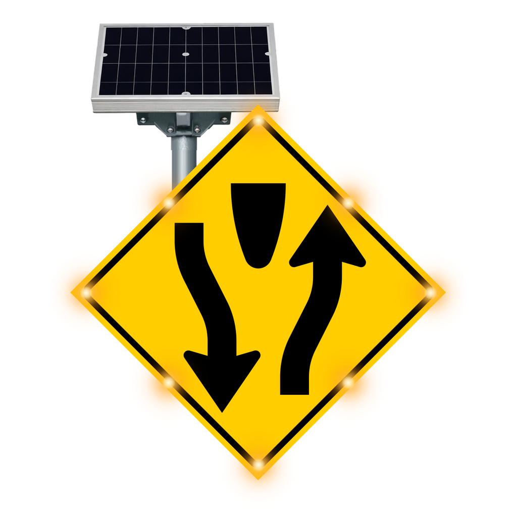MUTCD W6-1 Divided Highway warning sign, diamond-shaped, with solar panel and flashing LED border lights