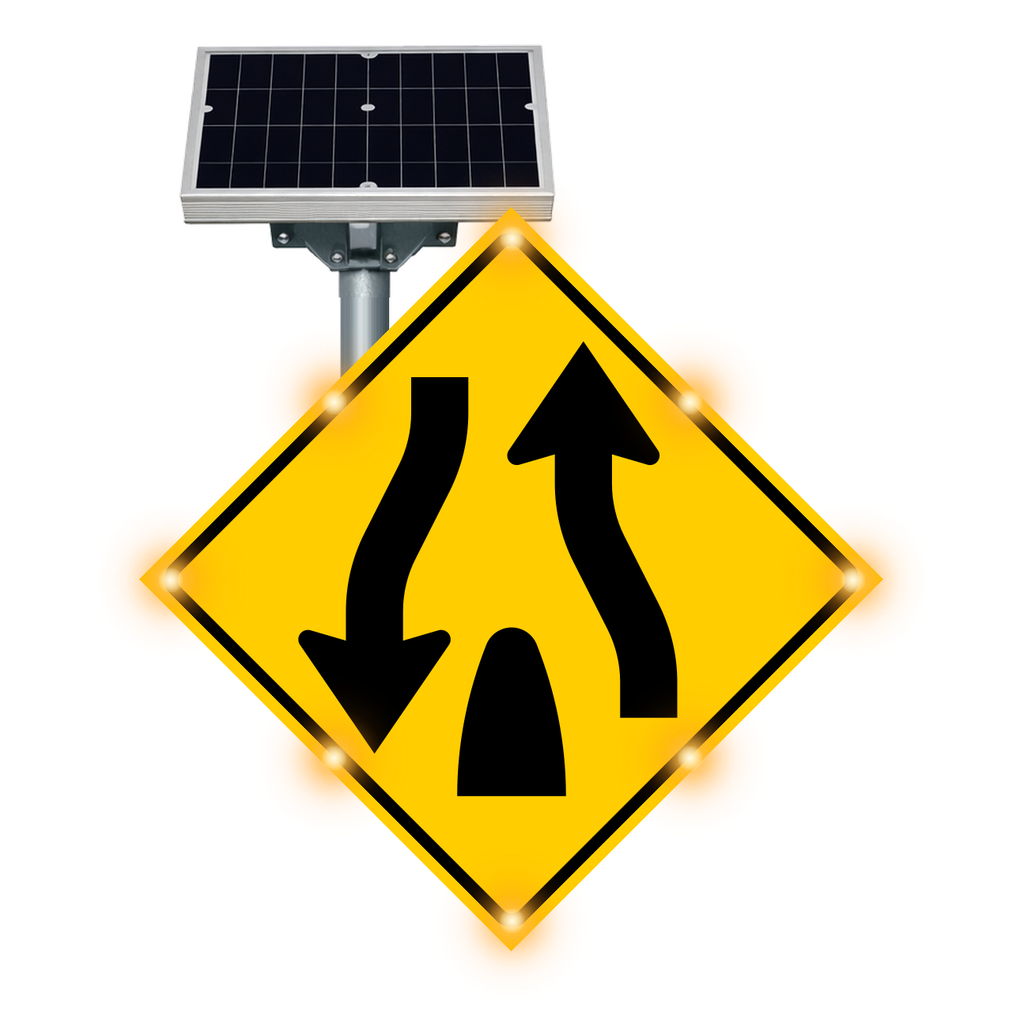 MUTCD W6-2 Divided Highway Ends warning sign, diamond-shaped, with solar panel and flashing LED border lights