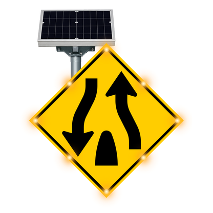 MUTCD W6-2 Divided Highway Ends warning sign, diamond-shaped, with solar panel and flashing LED border lights