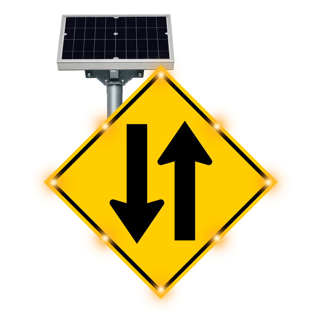 MUTCD W6-3 Two-Way Traffic warning sign, diamond-shaped, with solar panel and flashing LED border lights