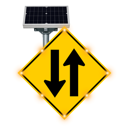MUTCD W6-3 Two-Way Traffic warning sign, diamond-shaped, with solar panel and flashing LED border lights