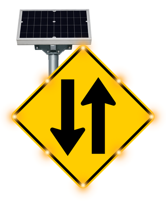 MUTCD W6-3 Two-Way Traffic warning sign, diamond-shaped, with solar panel and flashing LED border lights