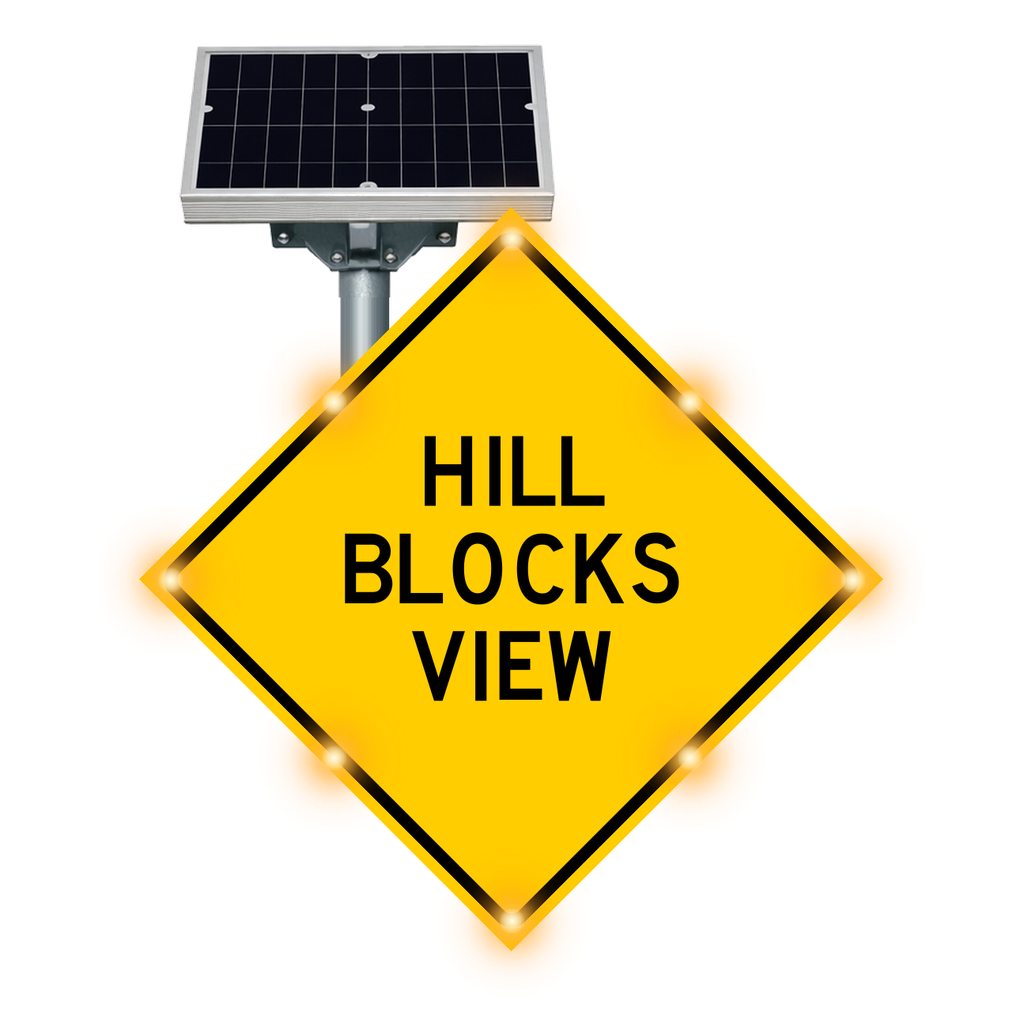 MUTCD W7-6 Hill Blocks View warning sign, diamond-shaped, with solar panel and flashing LED border lights