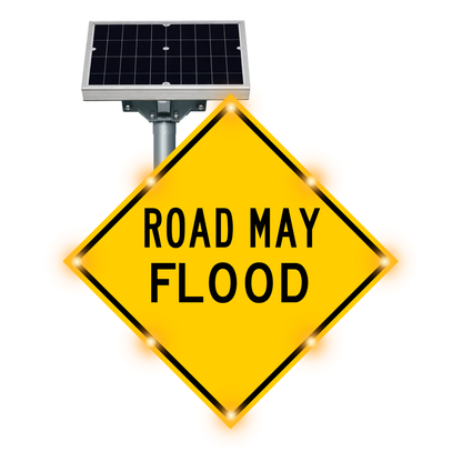 MUTCD W8-18 Road May Flood warning sign, diamond-shaped, with solar panel and flashing LED border lights
