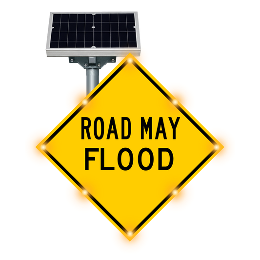 MUTCD W8-18 Road May Flood warning sign, diamond-shaped, with solar panel and flashing LED border lights