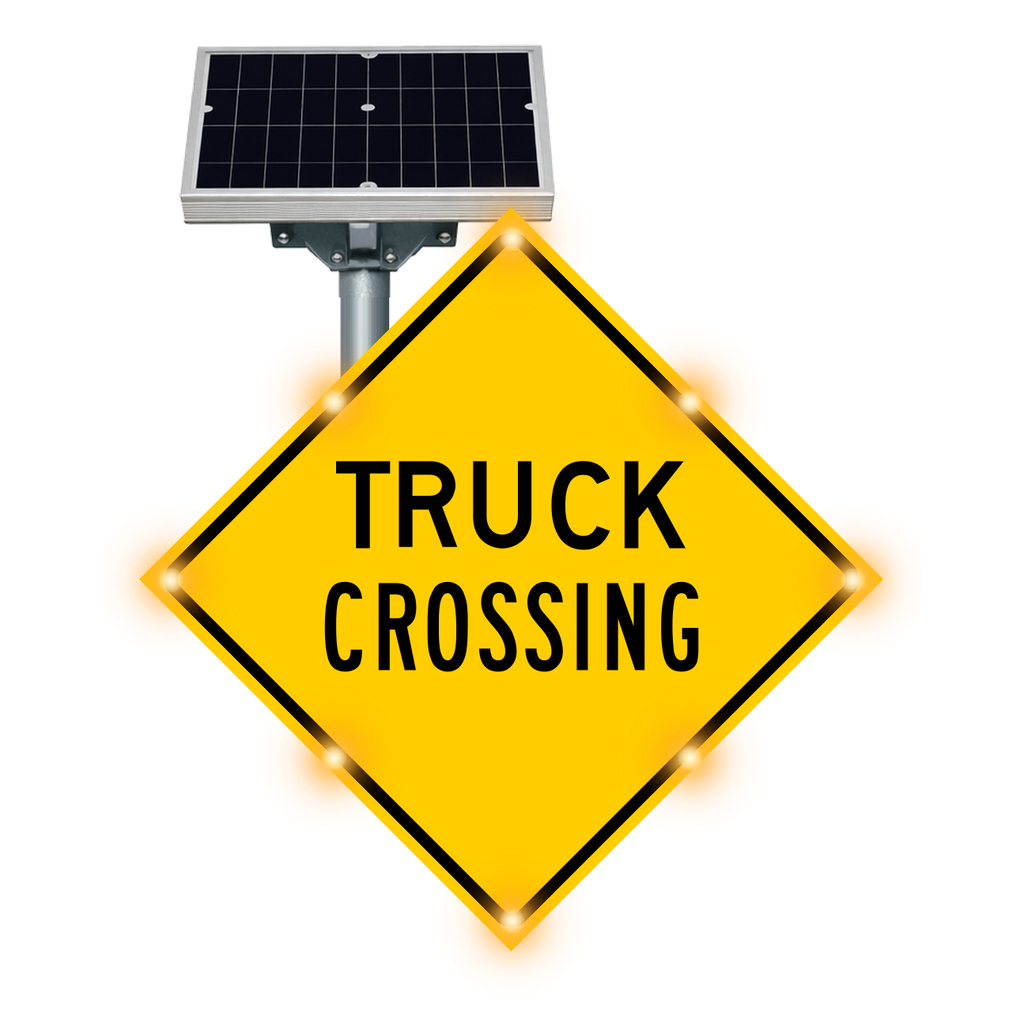 MUTCD W8-6 Truck Crossing warning sign, diamond-shaped, with solar panel and flashing LED border lights