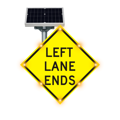 MUTCD W9-1 Right/Left Lane Ends warning sign, diamond-shaped, with solar panel and flashing LED border lights