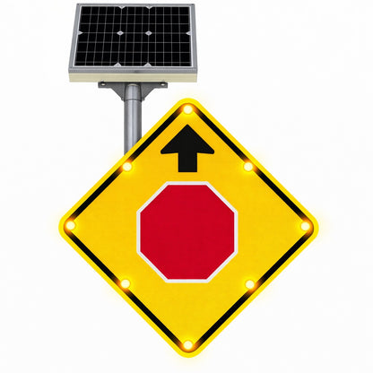 Flashing solar LED STOP AHEAD intersection warning sign amber perimeter lights MUTCD traffic safety sign
